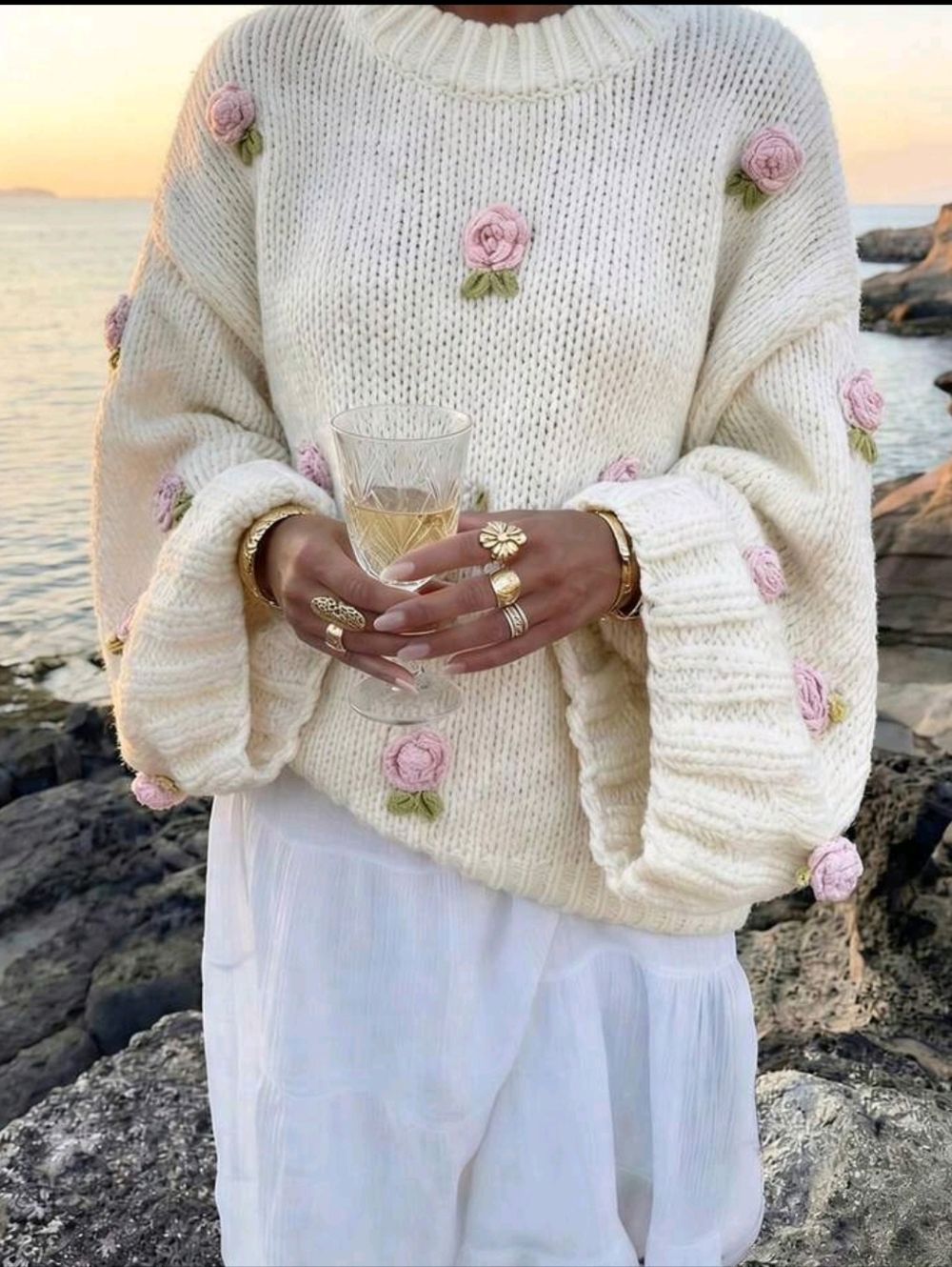 Cream Floral Appliqué Chunky Knit Sweater - Elegant Women Sweater